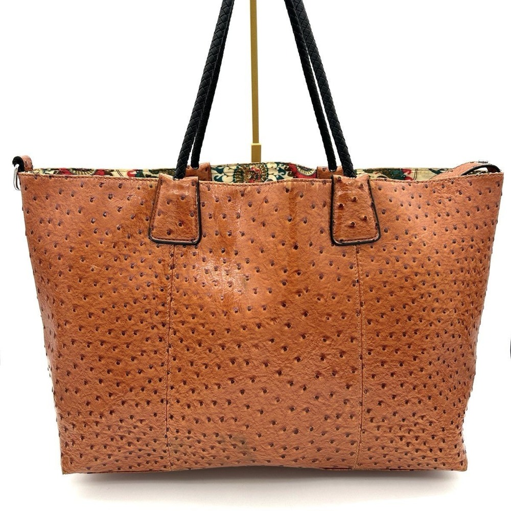 Big Buddha Women's Ostrich Embossed Tote Bag Cognac Brown Faux Leather Braided